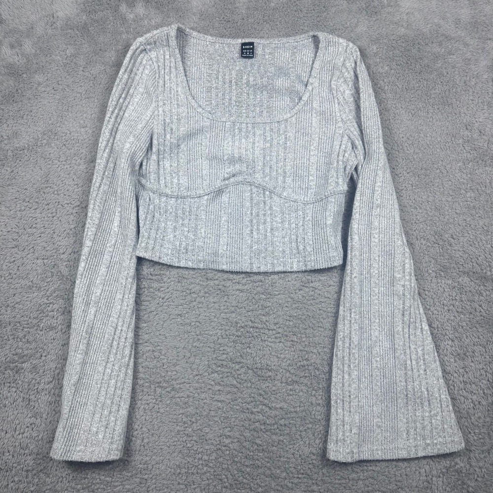 SHEIN Ribbed Knit Crop Top Womens Size M Gray Bell Sleeve Scoop Neck sw220923616